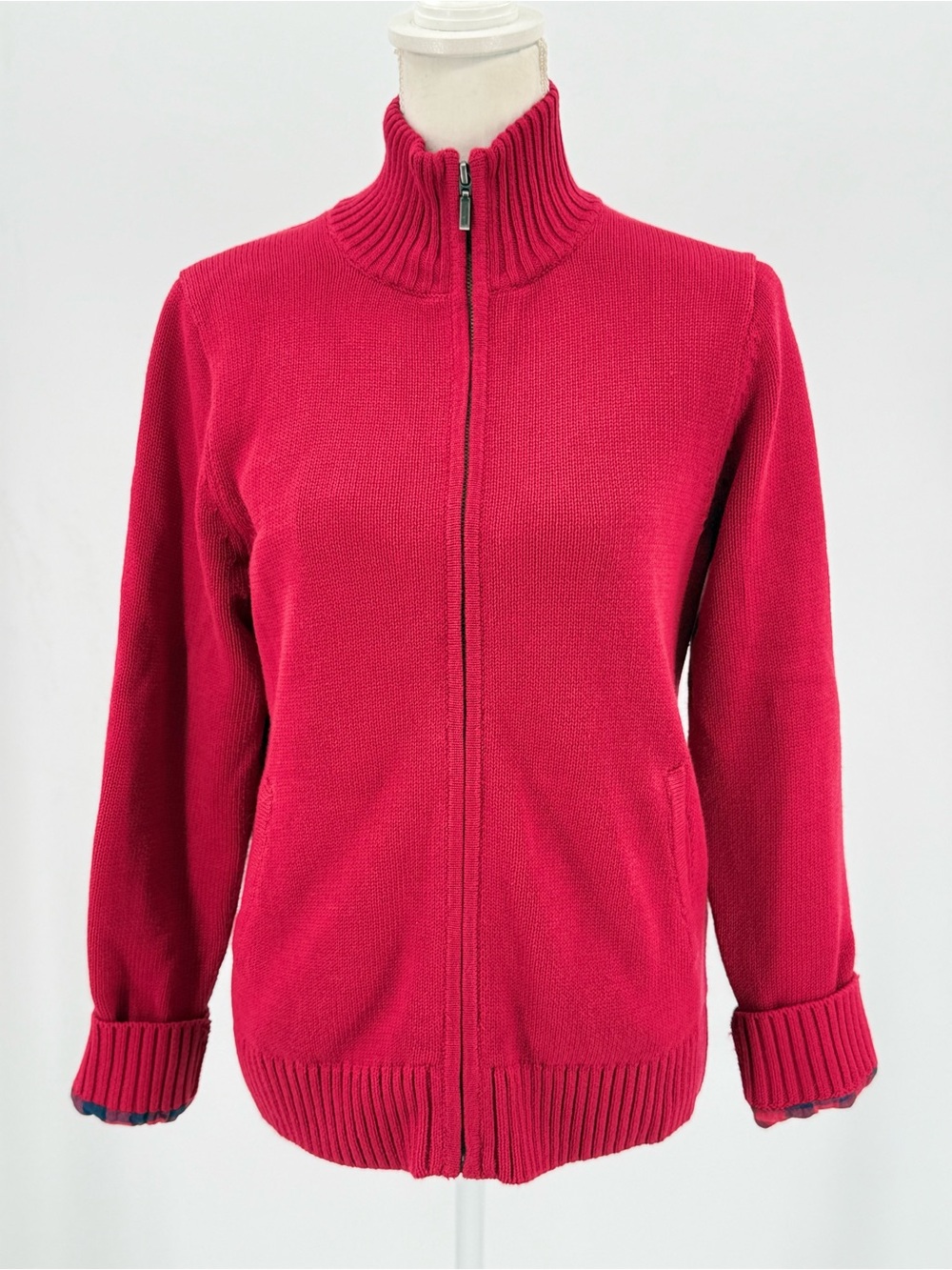 L.L. Bean Women S Red Full Zip Cardigan Cotton Plaid Lined Cabincore Holiday